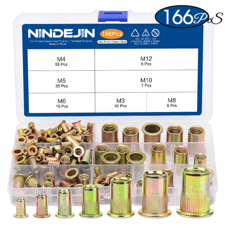 NINDEJIN Aluminum Rivet Nut Kit M3 M4 M5 M6 M8 M10 M12 Blind Rivnut Set Stainless Steel Carbon Steel Threaded Insert Nut Kit