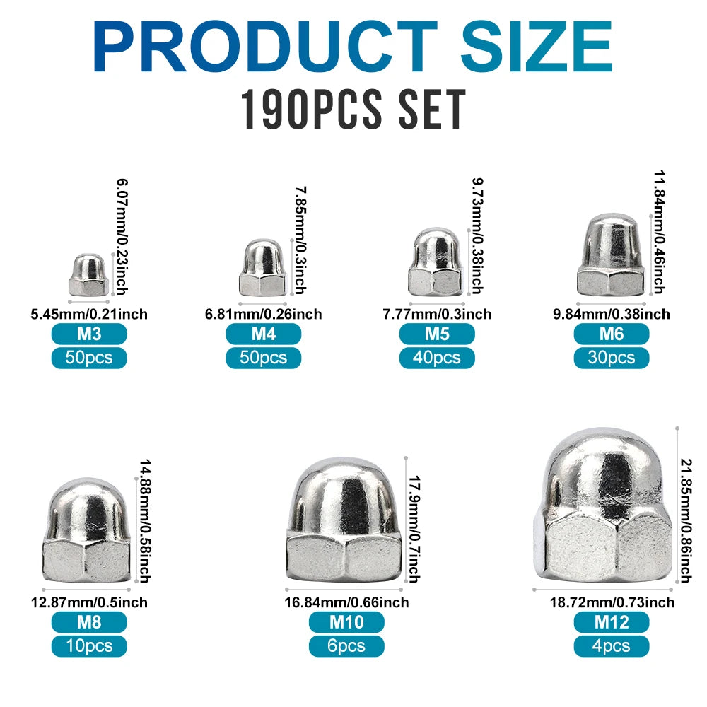 NINDEJIN 190pcs Acorn Nut Kit M3 M4 M5 M6 M8 M10 M12 Stainless Steel Hexagon Dome Cap Nut Set Blind Nut Assortment Kit