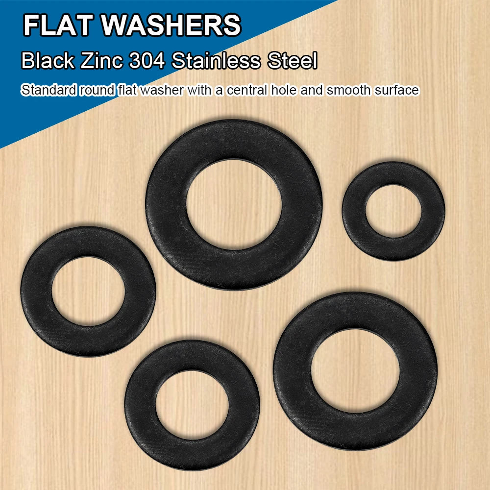 NINDEJIN Black 304 Stainless Steel Flat Washers M1.6 M2 M2.5 M3 M4 M5 M6 M8 M10 Plain Washers Gasket Ring GB98 - KiwisLove
