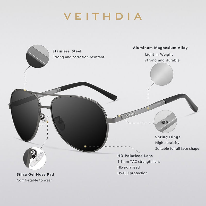 VEITHDIA Polarized UV400 Protection Sunglasses Men's Designer Goggle Fashion Classic Outdoor Driving Sun Glasses For Male VT1306 - KiwisLove