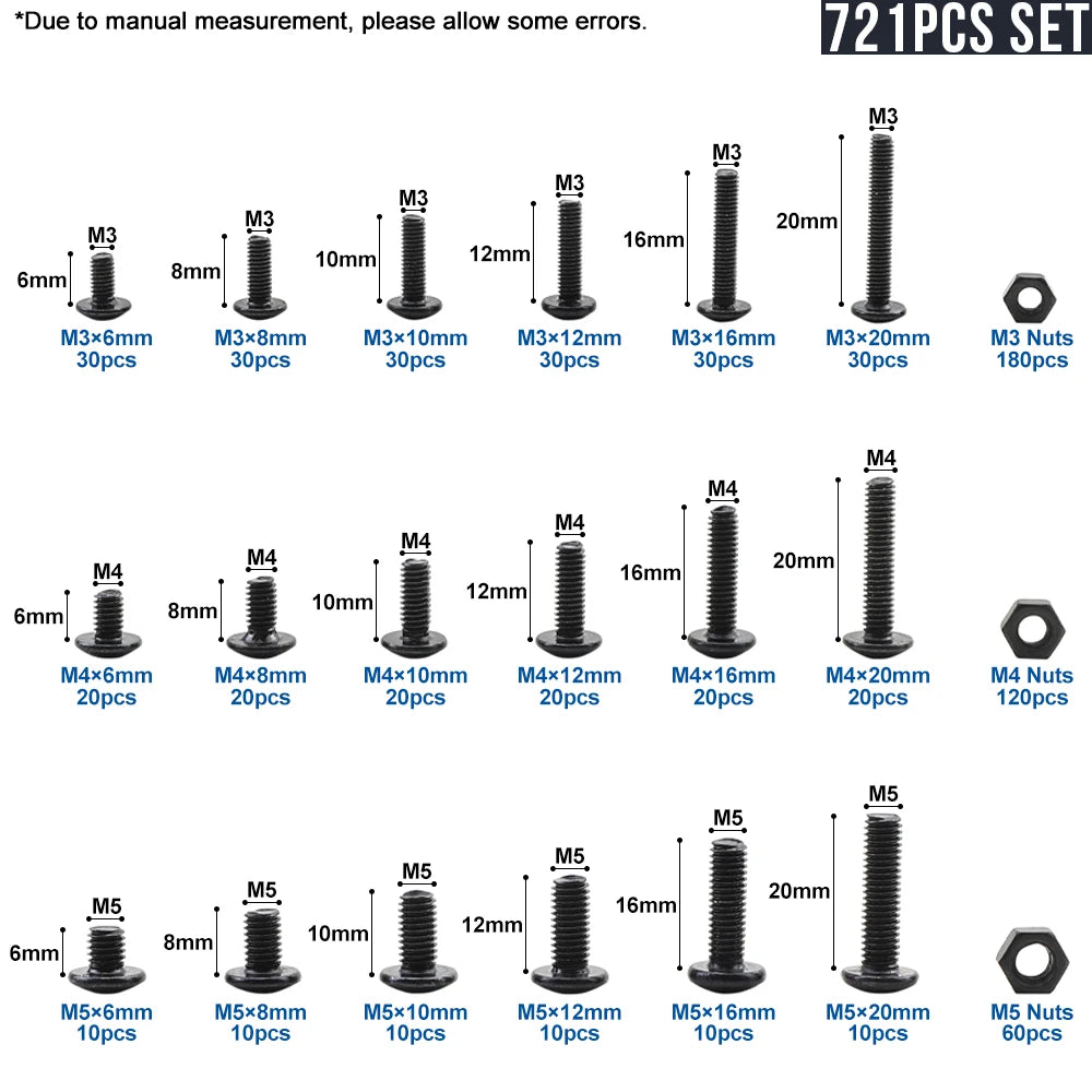 NINDEJIN 721pcs/set Cross Truss Head Screw Kit with Nut M3 M4 M5 Carbon Steel Mushroom Phillips Head Machine Screw and Nut Set