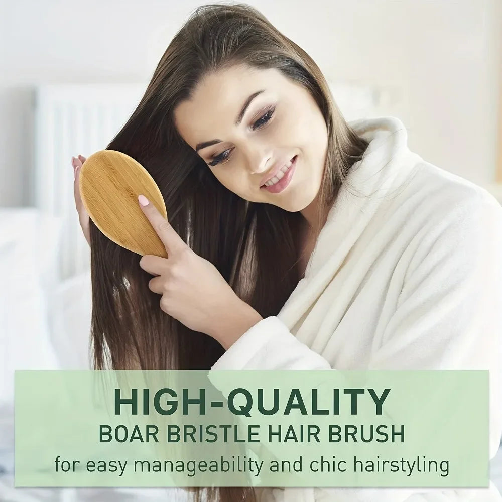 Natural Boar Bristle Hair Brush Bamboo Handle Scalp Massage Comb Anti-static Hair Comb Gasbag Detangling Hair Brush Styling Tool - KiwisLove
