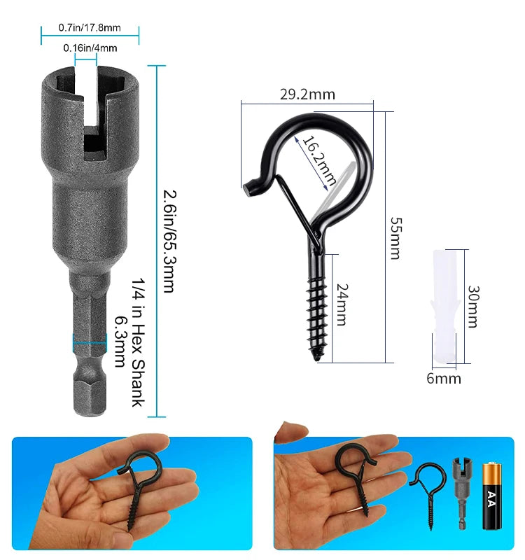 12/20PCS Q-Hanger Screw Black Hooks Ceiling Hooks with Safety Buckle for Plant and Christmas Outdoor String Lights Hooks