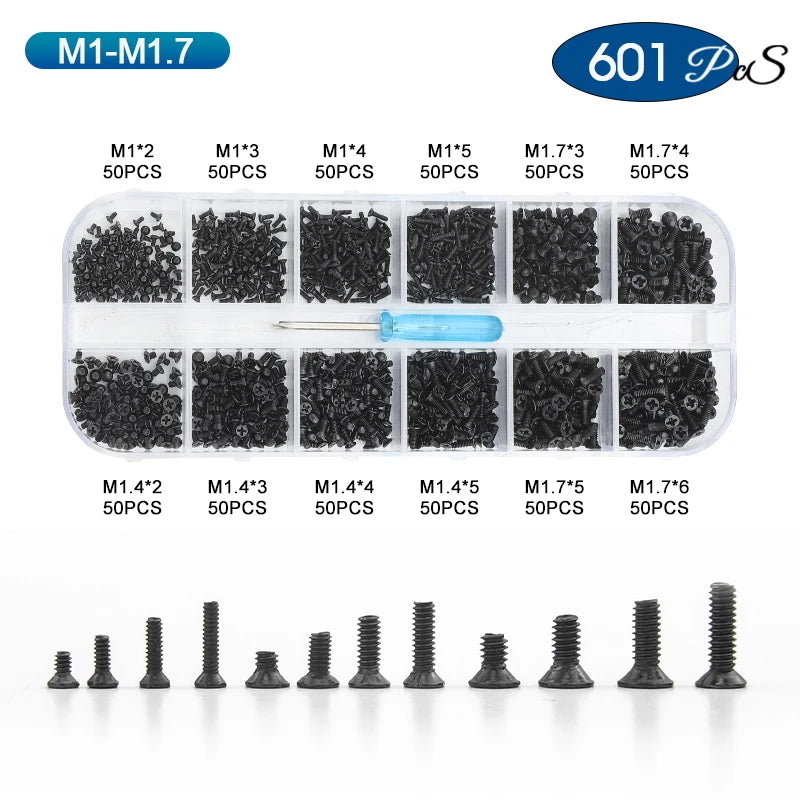 NINDEJIN Cross Phillips Mini Laptop Screw Set M1 M1.2 M1.4 M1.7 M2 M2.5 Black Micro Electronic Screw Kit for Computer Phone