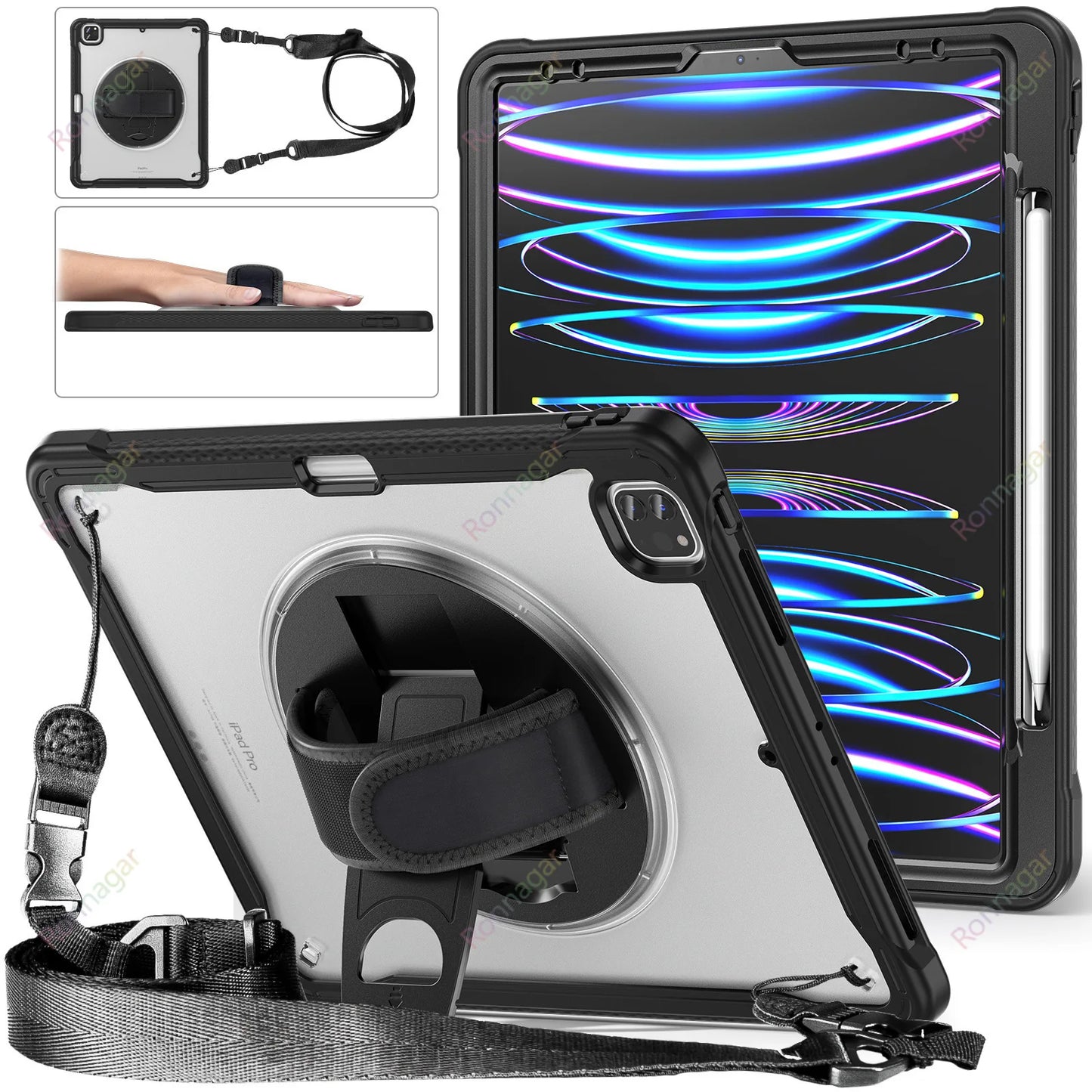 Heavy Duty Case for iPad Pro 11 Inch M1 M2 iPad Pro 12.9 Case iPad7 8 9th 10.2 10th Air4 5 10.9 5/ 6th 9.7 Cover Shoulder strap