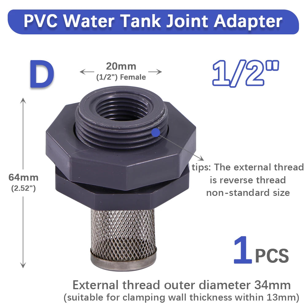 High quality 1/2" 3/4" 1" Water Tank Joint with 304 Stainless Steel Filter Screen for Aquarium Fish Tank Garden Watering Adapter