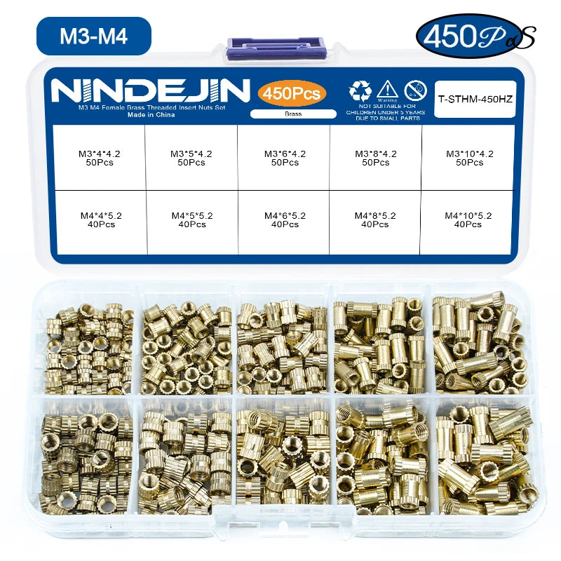 NINDEJIN 450/500pcs Brass Insert Nuts Kit Female Threaded Insert Set Knurled Nuts Assortment Kit
