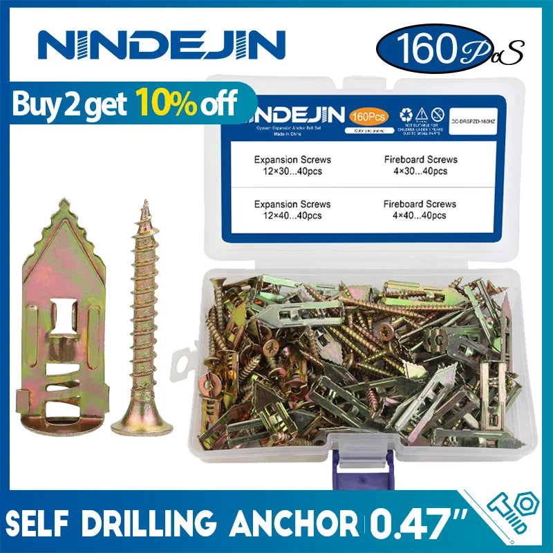 160pcs Drywall Self Drilling Anchor With Screw Kit Gypsum Expansion Drywall Anchor Screw for Fixing TV Shelf Cabinet Curtains