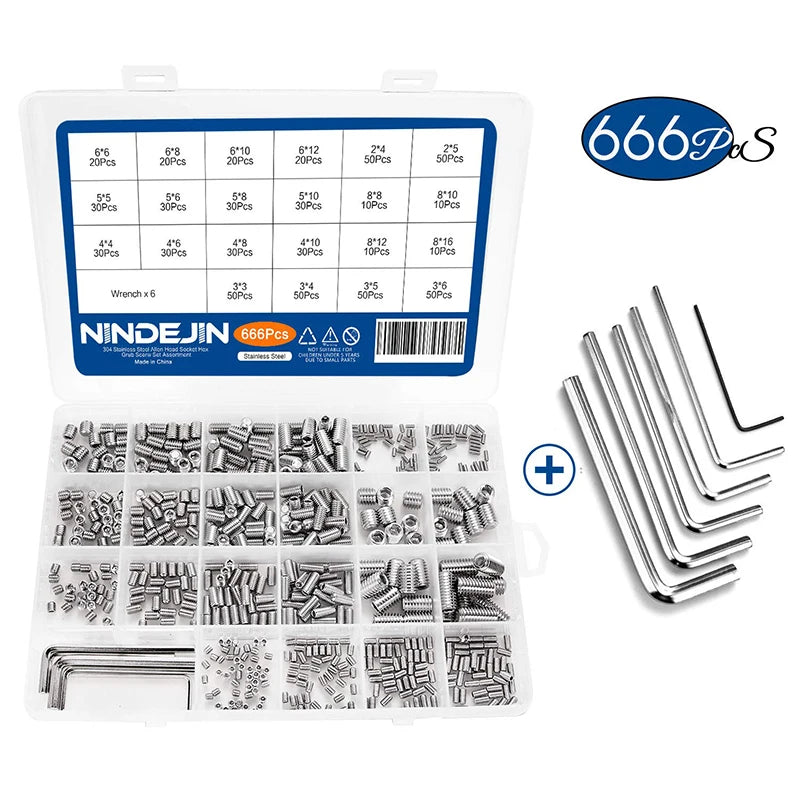 666pcs Hexagon Socket Flat Point Set Screw Stainless Steel Grub Screw Kit M2 M3 M4 M5 M6 M8 Headless Screw Assortment Kit