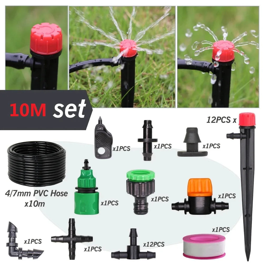 1/4'' Drip Irrigation System Hose Kit Adjustable 13CM Sprinkler Kit for Garden Flowers Greenhouse Vegetable Indoor Pots System