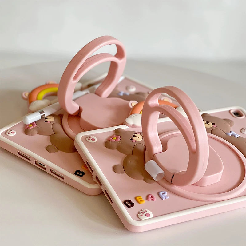 Cute Kawaii 3D Cartoon Bear for iPad Air11 2024 Pro11 M4 M2 IPad 10th Gen 9/8/7 10.2"/Air 3/Pro 10.5" Rotation Handle Stand Case