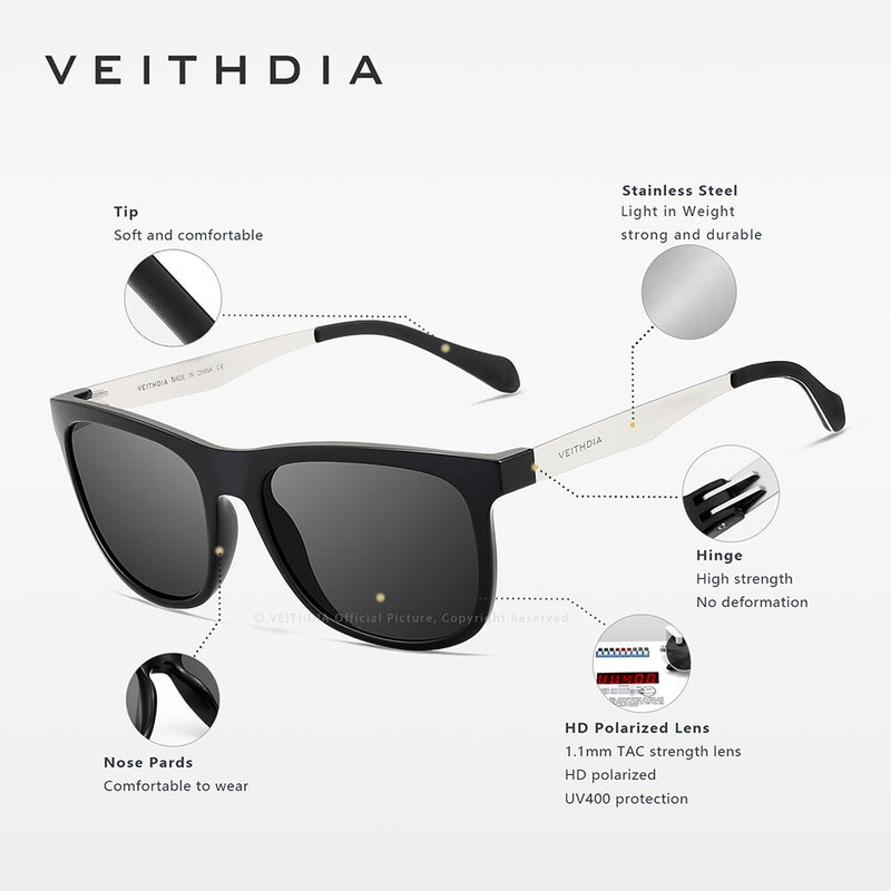 VEITHDIA Sunglasses Square Retro Vintage Polarized UV400 Lens Eyewear Sun Glasses For Men/Women 6110 -Stainless Steel + TR90 - KiwisLove