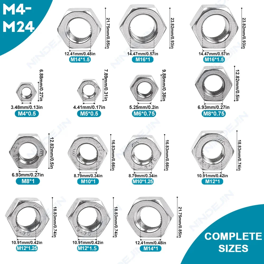 NINDEJIN  Metric Fine Thread Hex Nut M4 M5 M6 M8 M10 M12 M14 M16 M18 M20 M22 M24 Stainless Steel Fine Hex Nut GB6171 - KiwisLove