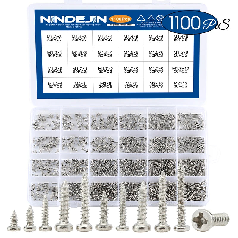 NINDEJIN 1100pcs Round Pan Head Tapping Screws Set M1.2 M1.4 M1.5 M1.7 M2  Mini Screw laptop computer screw Phillips Screw kit