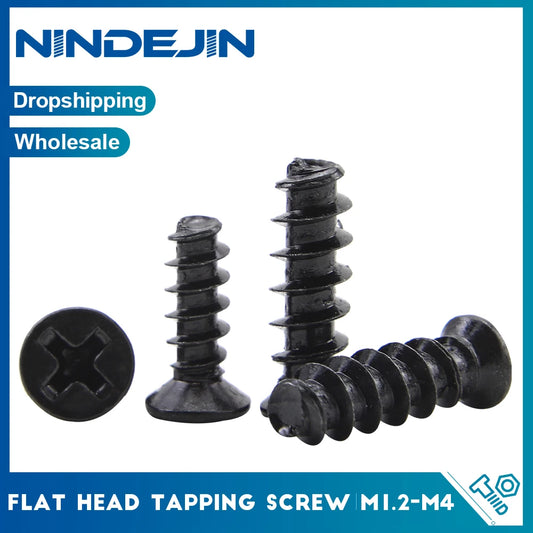 50-100pcs Cross Flat Head Self-tapping Screw Flat Tail M2 M2.3 M2.6 M3 M4 Black Plated Steel Phillips Tapping Screw for Plastic