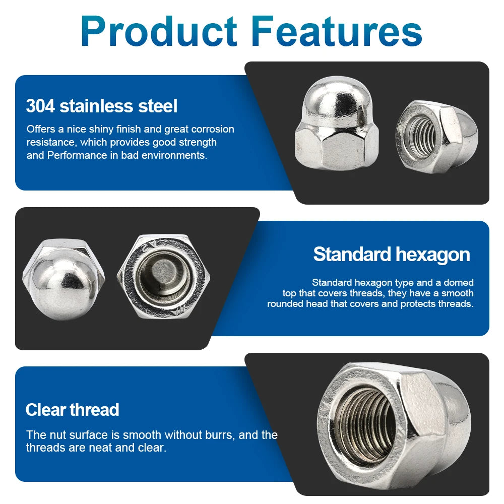 NINDEJIN 2/5pcs Acorn Cap Nut Metric Fine Thread M8 M10 M12 M14 M16 Stainless Steel Hexagon Dome Cap Nut Blind Nuts