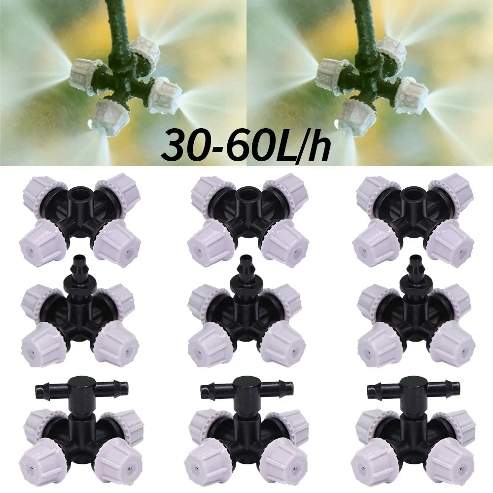 Garden 5PCS 30-60L/h Cross Misting Sprinklers 4 Outlet Spray Cooling System for Outdoor Garden Plants Atomizing Nozzle Lrrigatio