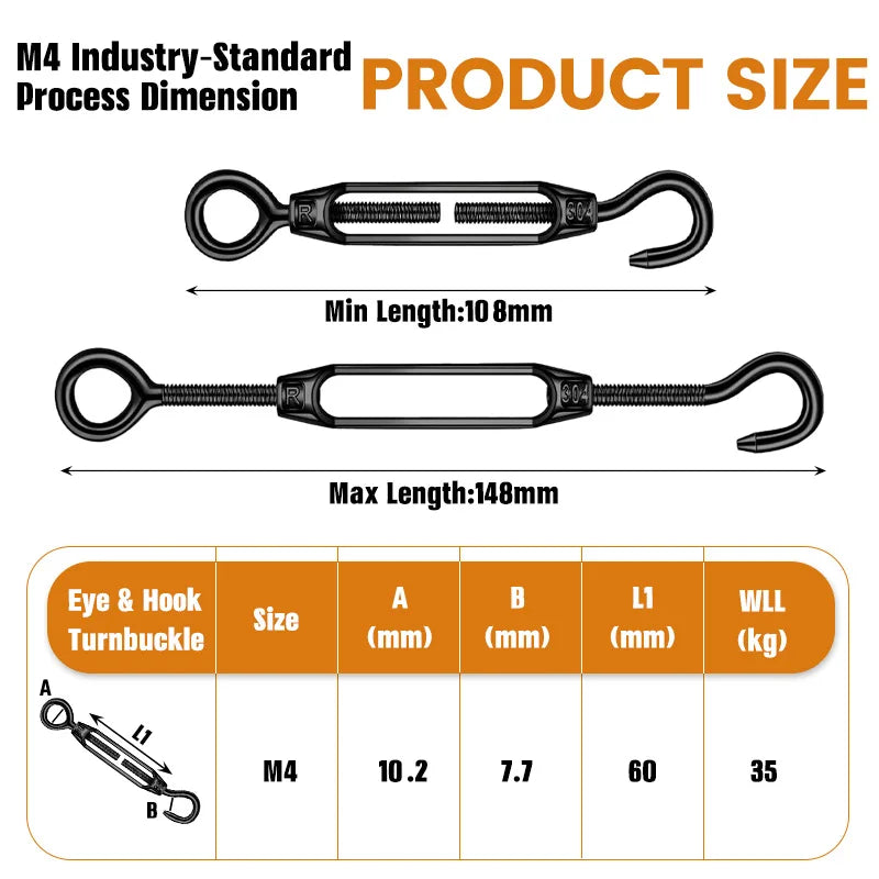Black M4 Eye and Hook Turnbuckle 304 Stainless Steel Wire Rope Tension Device Shading Net Tarpaulin Installation Flange Bolt