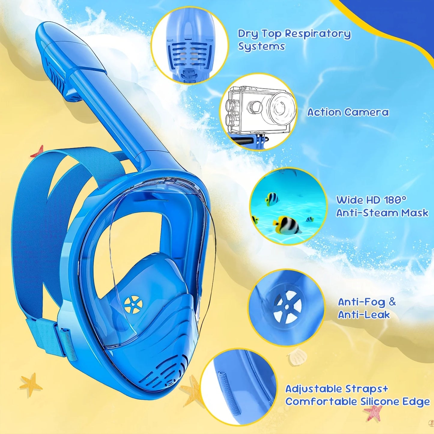 Kids Snorkel Mask  Anti-Fog Leak-Proof Soft Silicone Design Easy to Wear Diving Mask Underwater Scuba Full Face  360° Panoramic