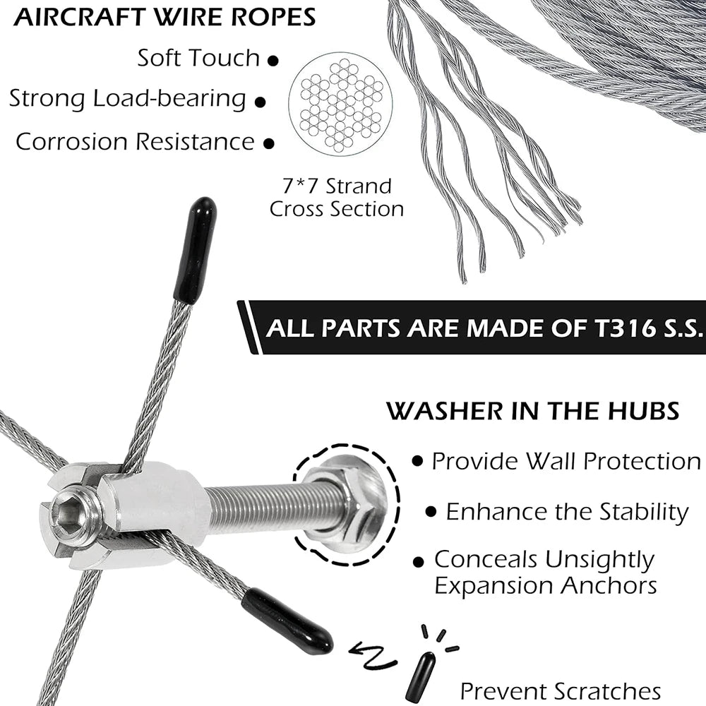 10 PCS Wall Wire Trellis Kit for Climbing Plants Outdoor 16Meter Wire Ropes 50ft Stainless Steel Hubs Green Wall Cable System