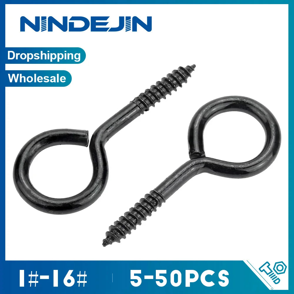 5-50pcs Screw Eye Hooks Heavy Duty 12# 14# 16# Black Zinc Plated 1#-5# Metal Small Eyelet Screws for hanging lights DIY Jewelry - KiwisLove