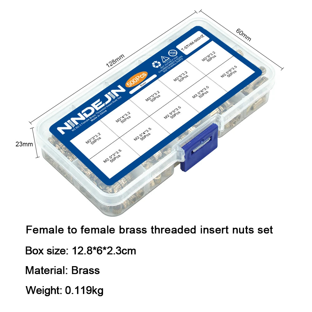 NINDEJIN 450/500pcs Brass Insert Nuts Kit Female Threaded Insert Set Knurled Nuts Assortment Kit