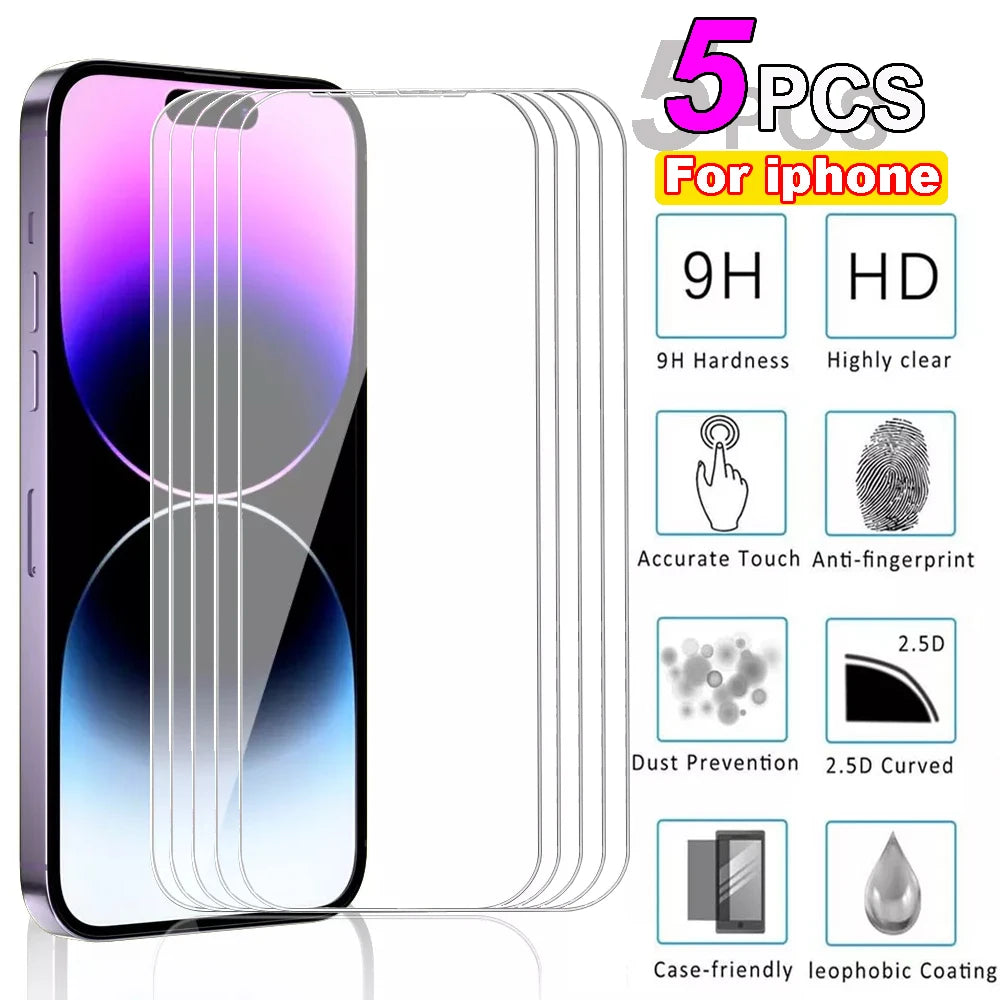 5pcs Tempered Glass For iPhone 15 Pro Max Screen Protector For iphone 7 8 11 12 13 14 Plus X XR XS Max Mini Protective Glass - KiwisLove