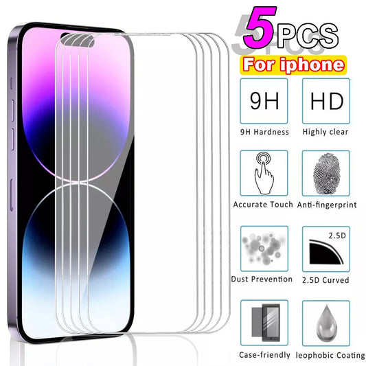 5pcs Tempered Glass For iPhone 15 Pro Max Screen Protector For iphone 7 8 11 12 13 14 Plus X XR XS Max Mini Protective Glass - KiwisLove