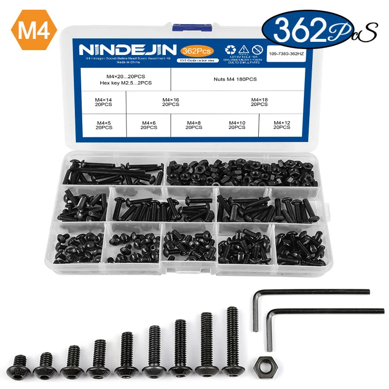 NINDEJIN hex hexagon socket button head screw nut carbon steel m2 m2.5 m3 m4 m5 m6 allen round head screw set bolt and nut set