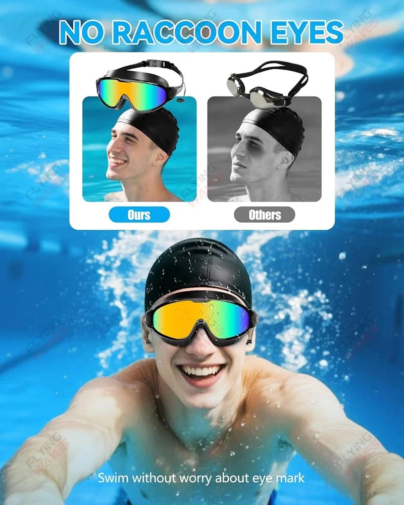 New Adult Wide View Swim Goggles Anti-Fog Anti-UV No Leak Pool Swimming Glasses with Earplugs for Men Women Youth