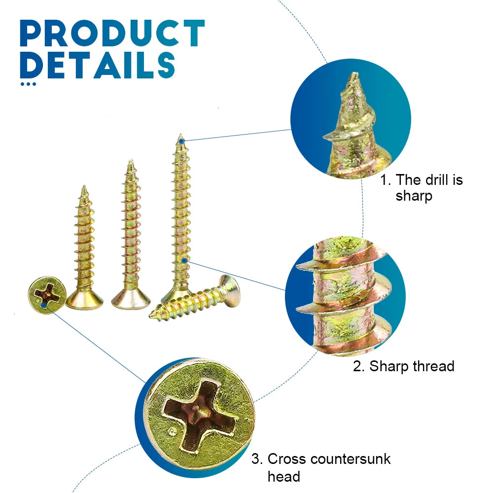 NINDEJIN Wood Screw Kit M3.5 M4 Cross Recessed Fiberboard Screw Zinc Plated Flat Phillips Head Self Tapping Screw for Chipboard
