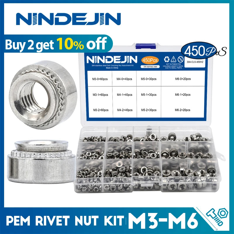 NINDEJIN 450pcs PEM rivet nut stainless steel self clinching nut CLS M3 M4 M5 M6 pressure riveting nut assortment kit for sheet