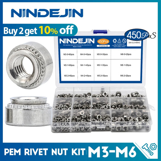 NINDEJIN 450pcs PEM rivet nut stainless steel self clinching nut CLS M3 M4 M5 M6 pressure riveting nut assortment kit for sheet