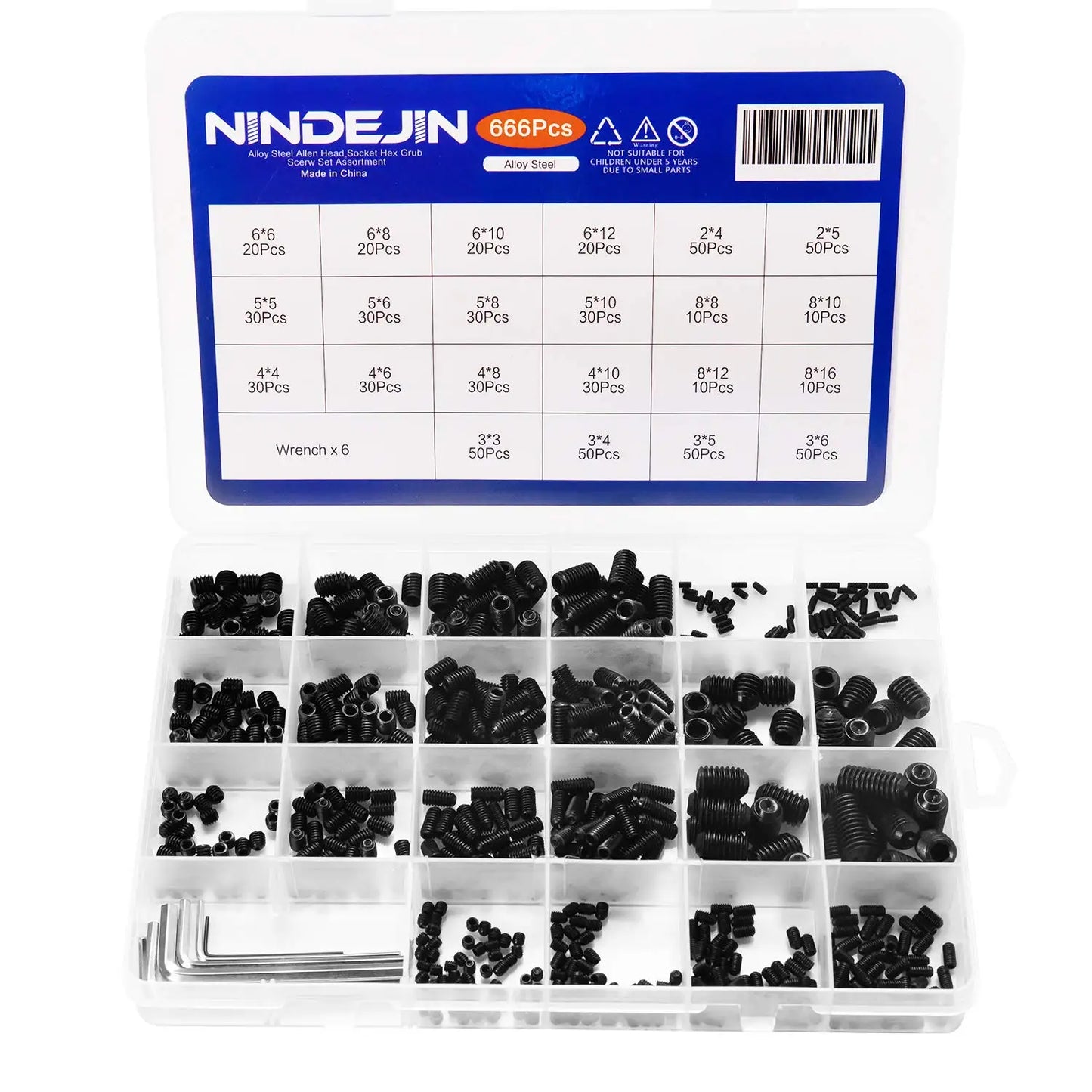 NINDEJIN 666pcs Set Screw Cup Point Grub Screw Assortment Kit M2 M3 M4 M5 M6 M8 Hex Socket Headless Screw Kit 12.9 Carbon Steel