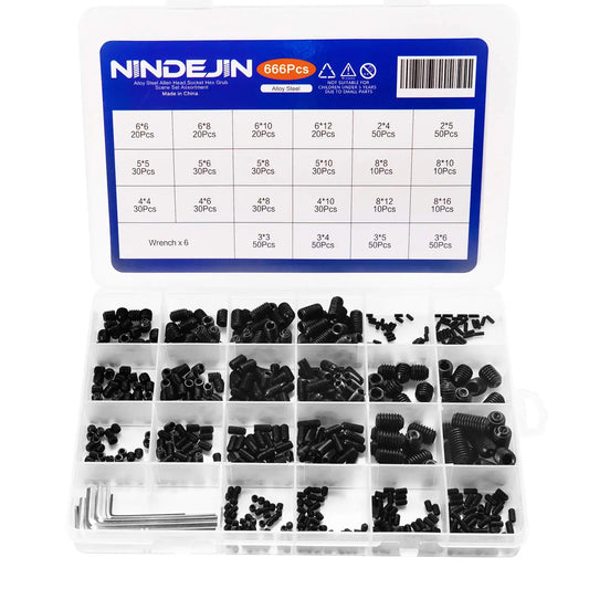 NINDEJIN 666pcs Set Screw Cup Point Grub Screw Assortment Kit M2 M3 M4 M5 M6 M8 Hex Socket Headless Screw Kit 12.9 Carbon Steel