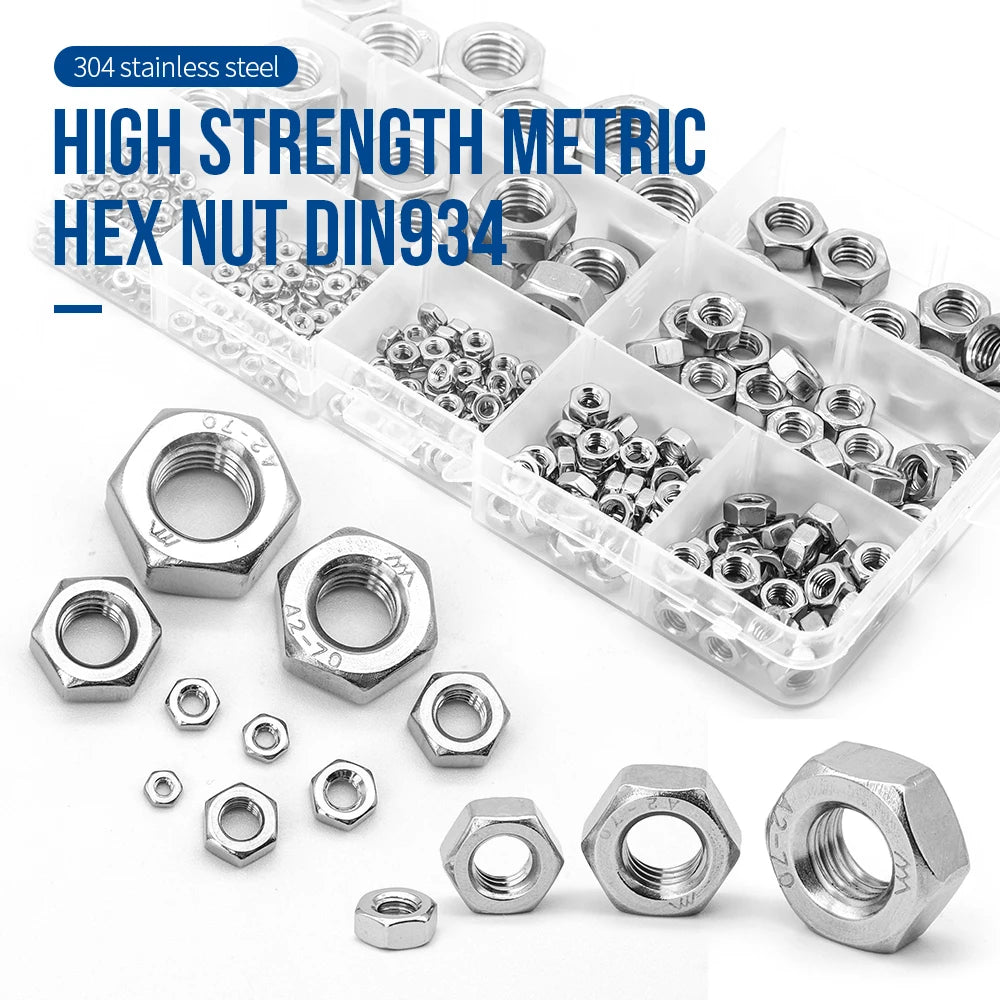 NINDEJIN Hexagon Nuts Assortment Kit M2 M2.5 M3 M4 M5 M6 M8 M10 M12 Stainless Steel Metric Hex Nuts Set DIN934