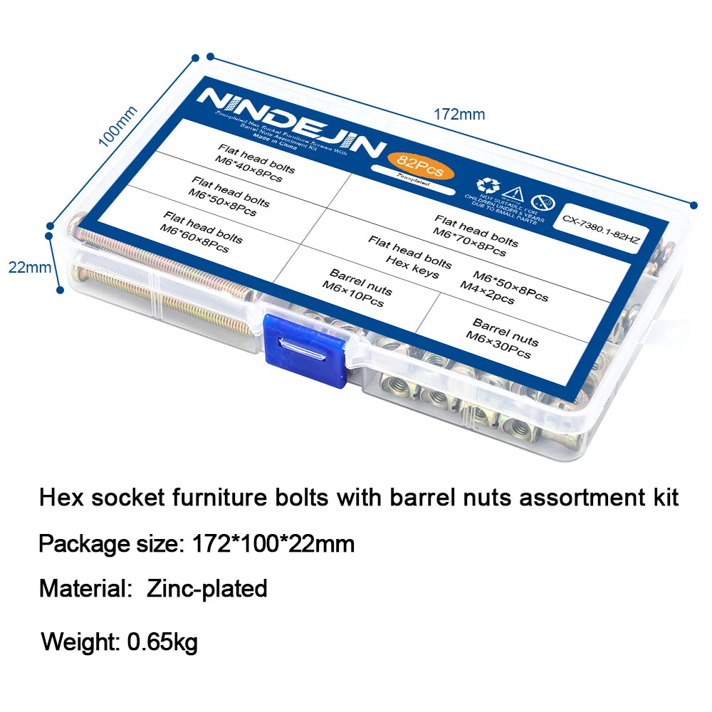 82pcs/set M6 Hex Socket Head Cap Furniture Screws Bolts zinc plated Baby Bed Bolts and Barrel Nuts Assorted Kit for Crib Cabinet