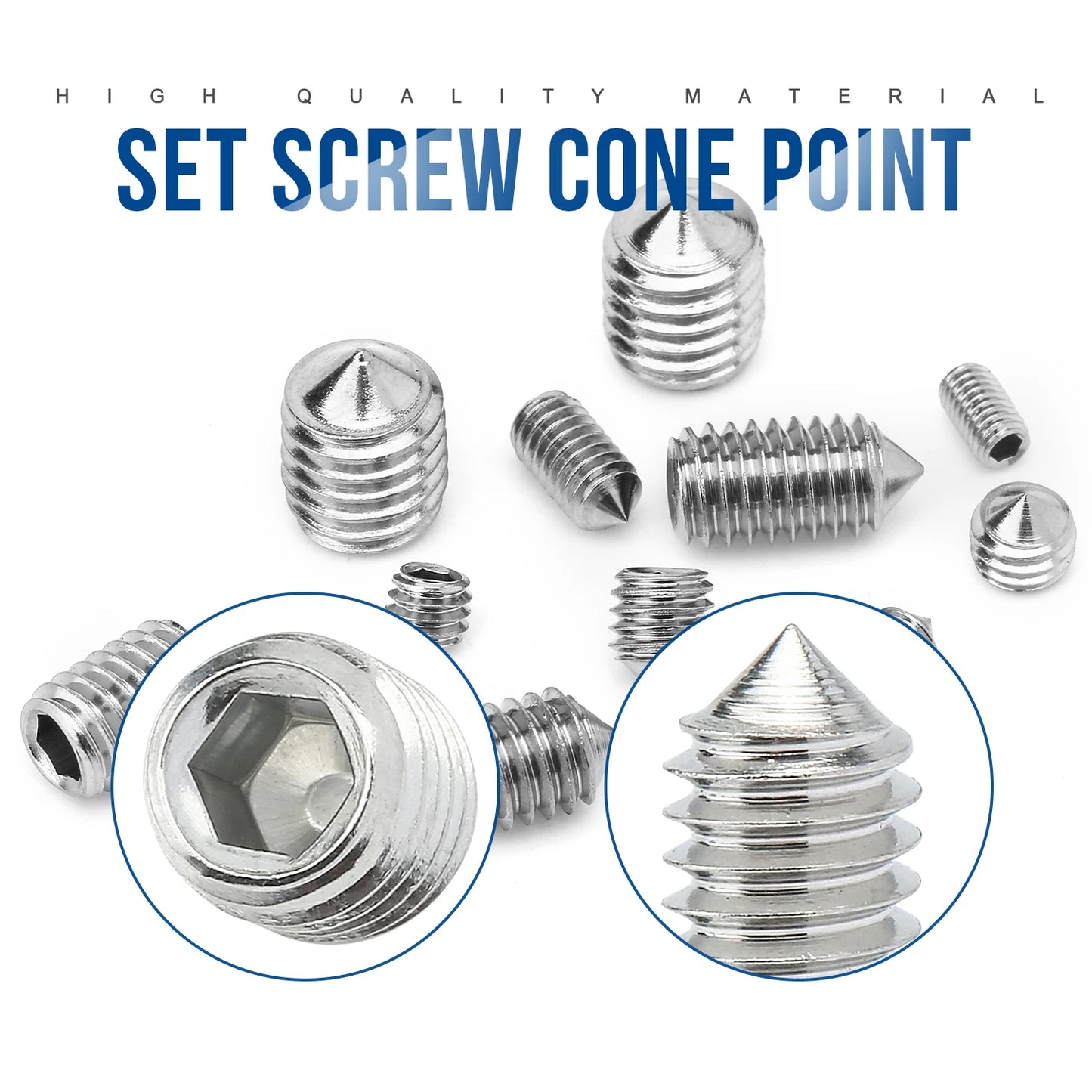 NINDEJIN Hexagon Socket Set Screw Kit Cone Point Stainless Steel Headless Grub Screw Assorment Kit M2 M2.5 M3 M4 M5 M6 M8