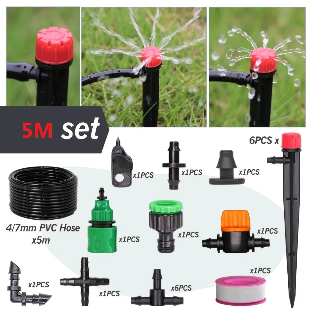 1/4'' Drip Irrigation System Hose Kit Adjustable 13CM Sprinkler Kit for Garden Flowers Greenhouse Vegetable Indoor Pots System