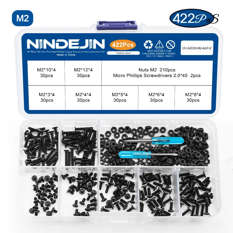 NINDEJIN M2-M6 Thin Flat Head Laptop Screw Set Black Carbon Steel Ultra Thin Wafer Head Phillips Machine Screw Nut Assortment