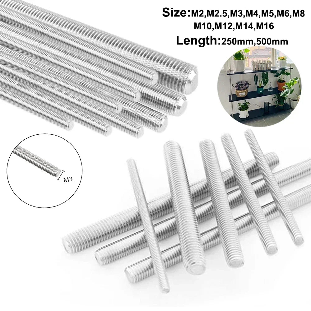 1pcs 304 Stainles Steel Threaded Rod Diameter M2 M2.5 M3 M4 M5 M6 M8 M10 M12 M14 M16 M18 M20 Length 250mm 500mm