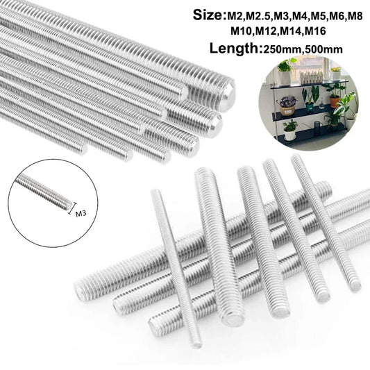 1pcs 304 Stainles Steel Threaded Rod Diameter M2 M2.5 M3 M4 M5 M6 M8 M10 M12 M14 M16 M18 M20 Length 250mm 500mm