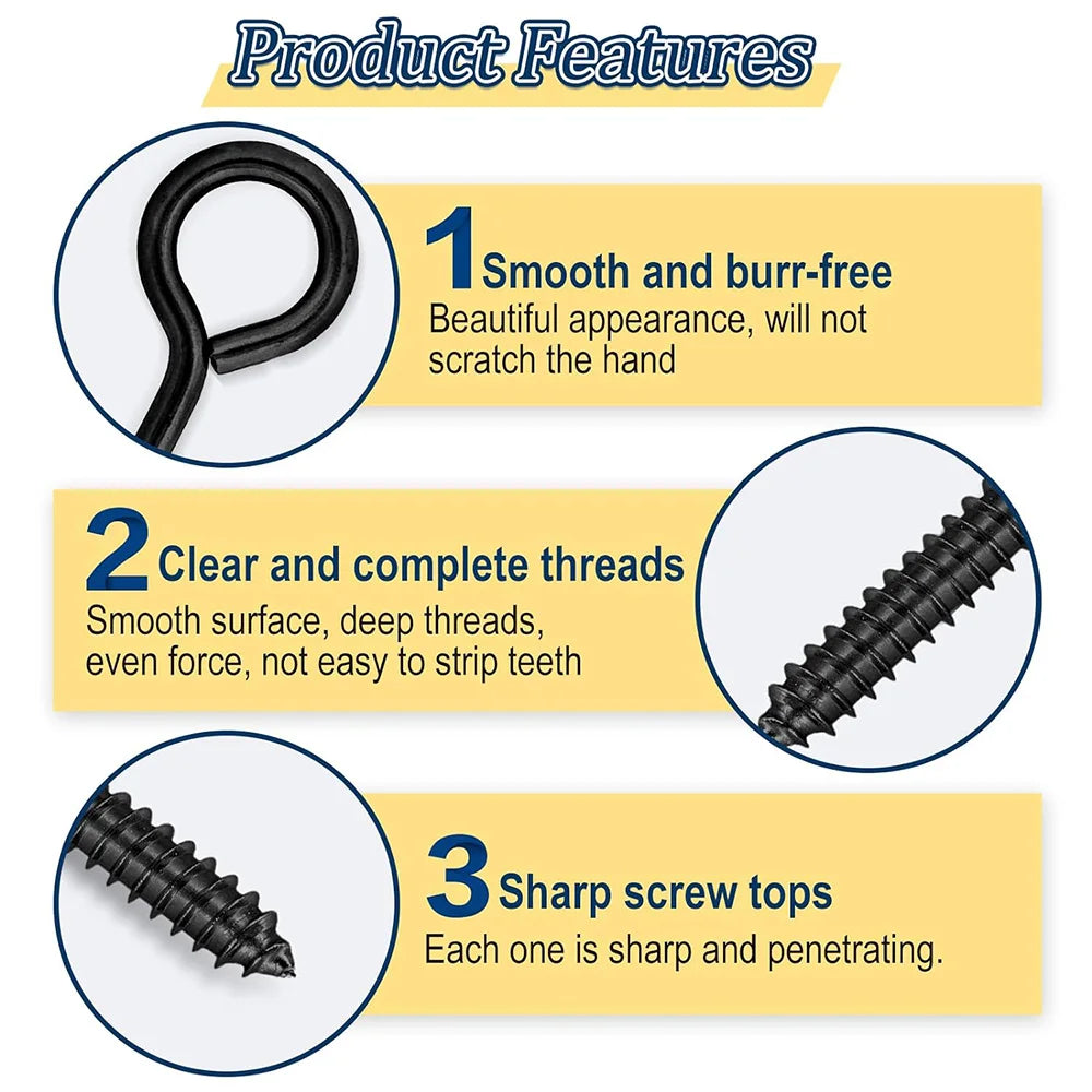 5-50pcs Screw Eye Hooks Heavy Duty 12# 14# 16# Black Zinc Plated 1#-5# Metal Small Eyelet Screws for hanging lights DIY Jewelry - KiwisLove