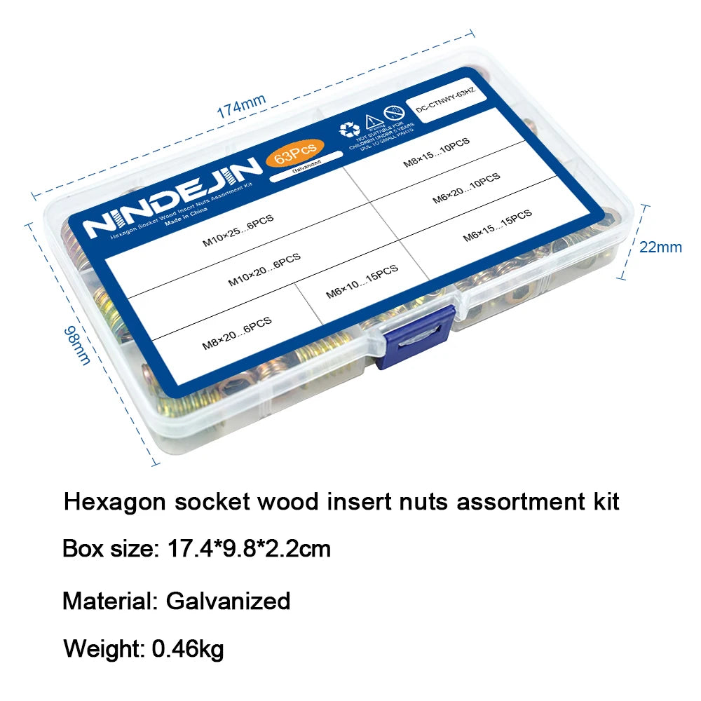 NINDEJIN 63pcs Wood Insert Nuts M6 M8 M10 Hexagon Wood Threaded Inserts Galvanized Carbon Steel Furniture Screw in Nut Connector