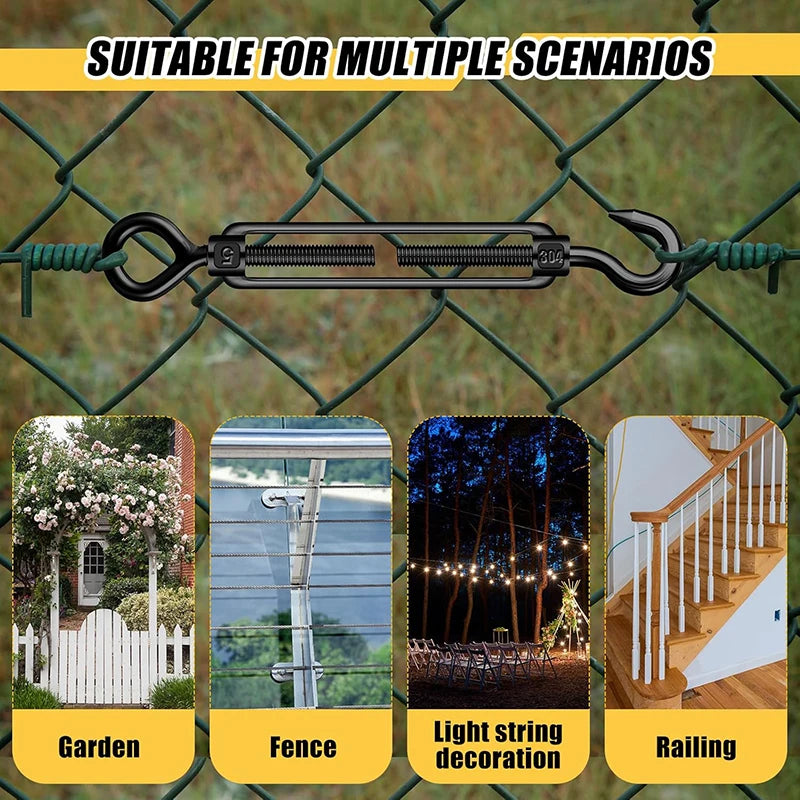 6/10pcs Stainless Steel 304 Adjust Chain Rigging Black Hooks & Eye Turnbuckle M5 Wire Rope Tension Device Line