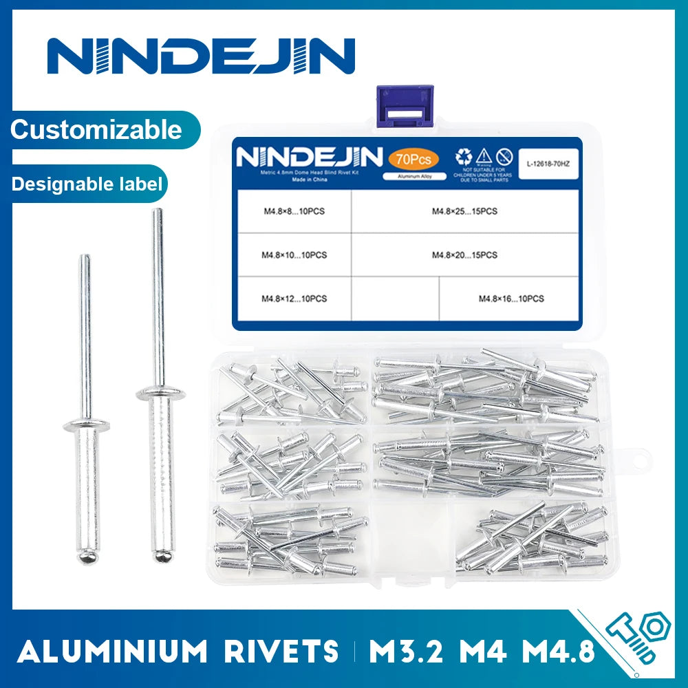 NINDEJIN Aluminium Blind Rivets Kit M3.2 M4 M4.8 Dome Head Aluminium Pop Rivets Assortment Kit Exhaust Rivets Set
