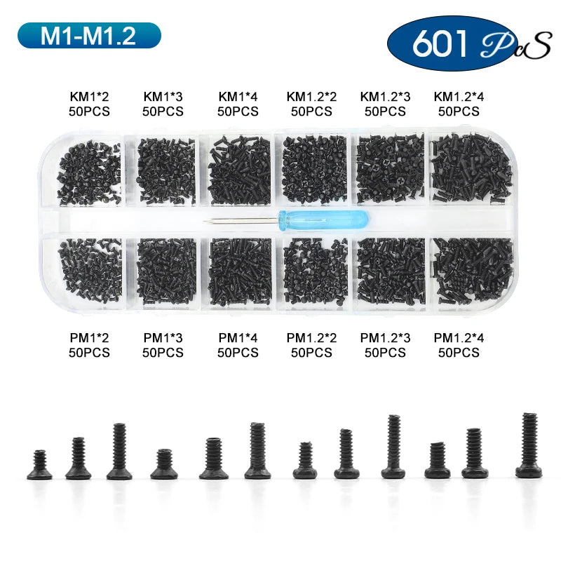 NINDEJIN Cross Phillips Mini Laptop Screw Set M1 M1.2 M1.4 M1.7 M2 M2.5 Black Micro Electronic Screw Kit for Computer Phone