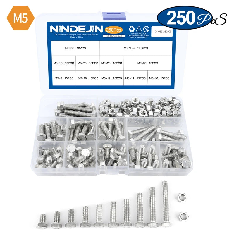 NINDEJIN External Hex Hexagon Head Bolt and Nut Kit M4 M5 M6 Stainless Steel Metric Hex Cap Screw Nuts Assorted Kit