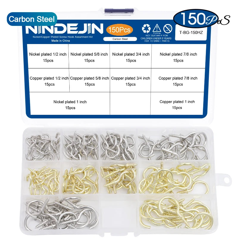 100/118/150/185pcs Wall Hook Screw Hook Set Hanger Screw-in Hook Kit Light Ceiling Kitchen Cup Hook Carbon Steel Screw Eye