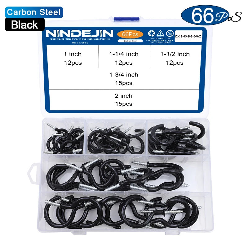 NINDEJIN 66/100/320/340pcs Screw Hook Kitchen Cup Ceiling Hook Kit Eye Screw Bend Hook Kit for Wood Wall Hanging